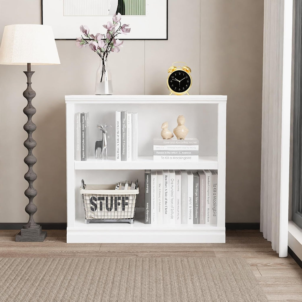 blini 2-shelf white bookcase wooden bookshelves 33in wide shown in use