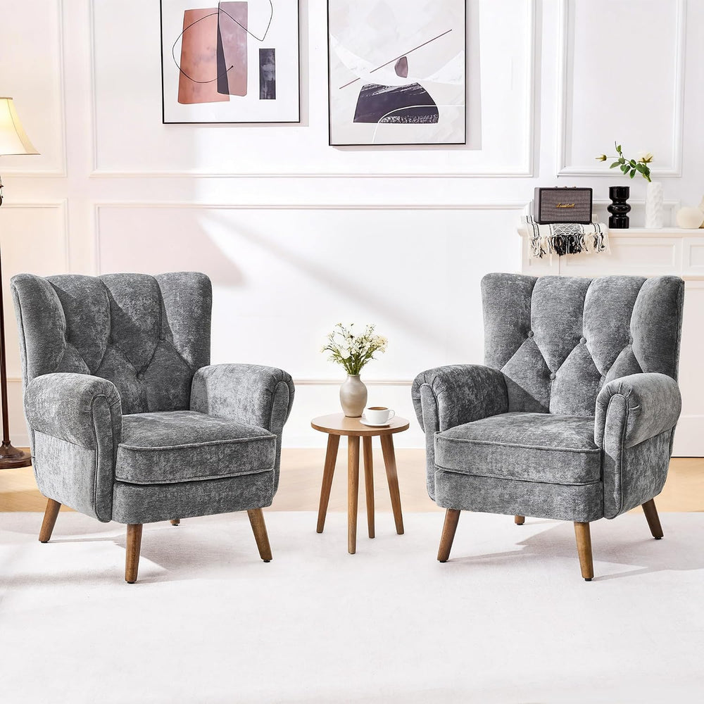 Chenille Wingback Accent Chairs Set of 2, Mid-Century Modern Living Room Armc...