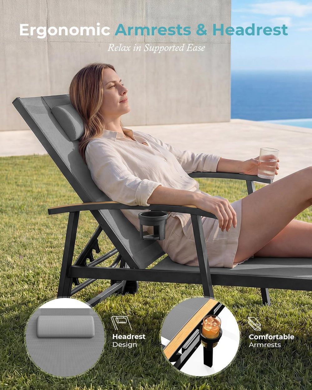 Ciokea Outdoor Lounge Chair with Pillow, 5-Position Aluminum Chaise Lounge wi...