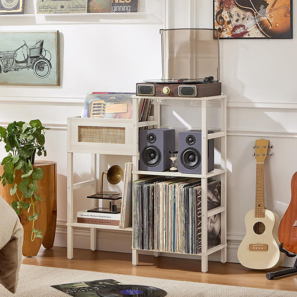 LELELINKY Record Player Stand, White Cream Oak Wood Record Holder with Vinyl ...