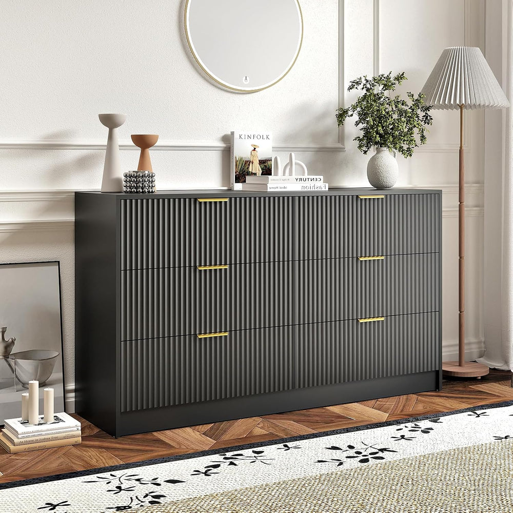 3-Piece Modern Bedroom Furniture Set, Black丨6-Drawer Dresser & 2-Drawer N...