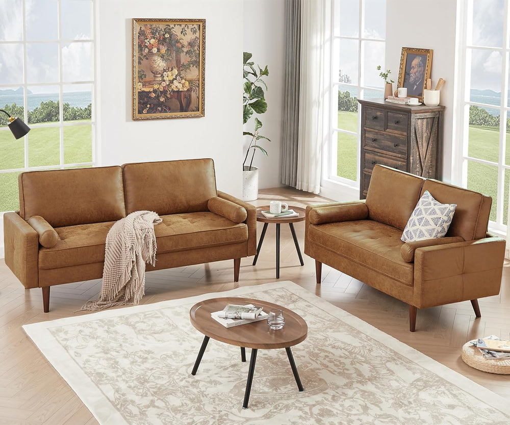HIFIT 57" Loveseat Sofa Couch, Mid Century Modern Faux Leather Couch, Brown