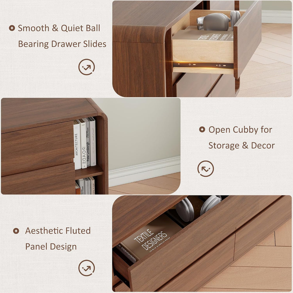 Whalefall 63 Inch 6 Drawer Dresser with Shelves, Rounded Corner, Walnut