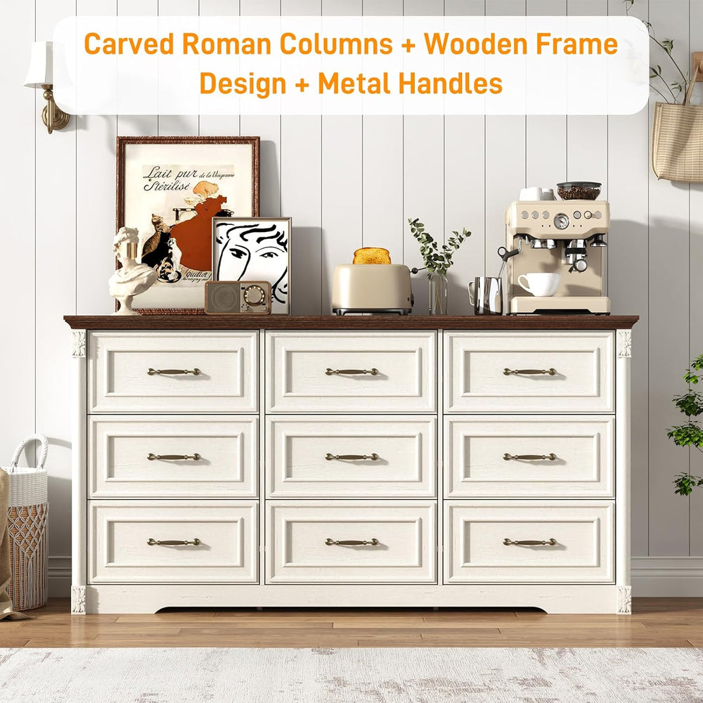 Farmhouse Wood 9 Drawer Dresser for Bedroom,Embossed Roman Column Wood Rustic...