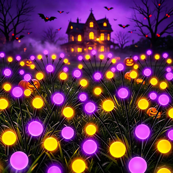 Kohlrabi Halloween Decorations Outdoor, 4 Pack 32 LED Purple and Orange Solar Firefly Lights Waterproof, Sway by Wind, Solar Wind Swaying Light for Garden Yard Patio Pathway Decoration