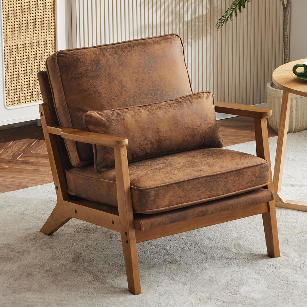 VINGLI Solid Wood Wide Armrests Accent Chair,Upholstered Mid Century Modern C...