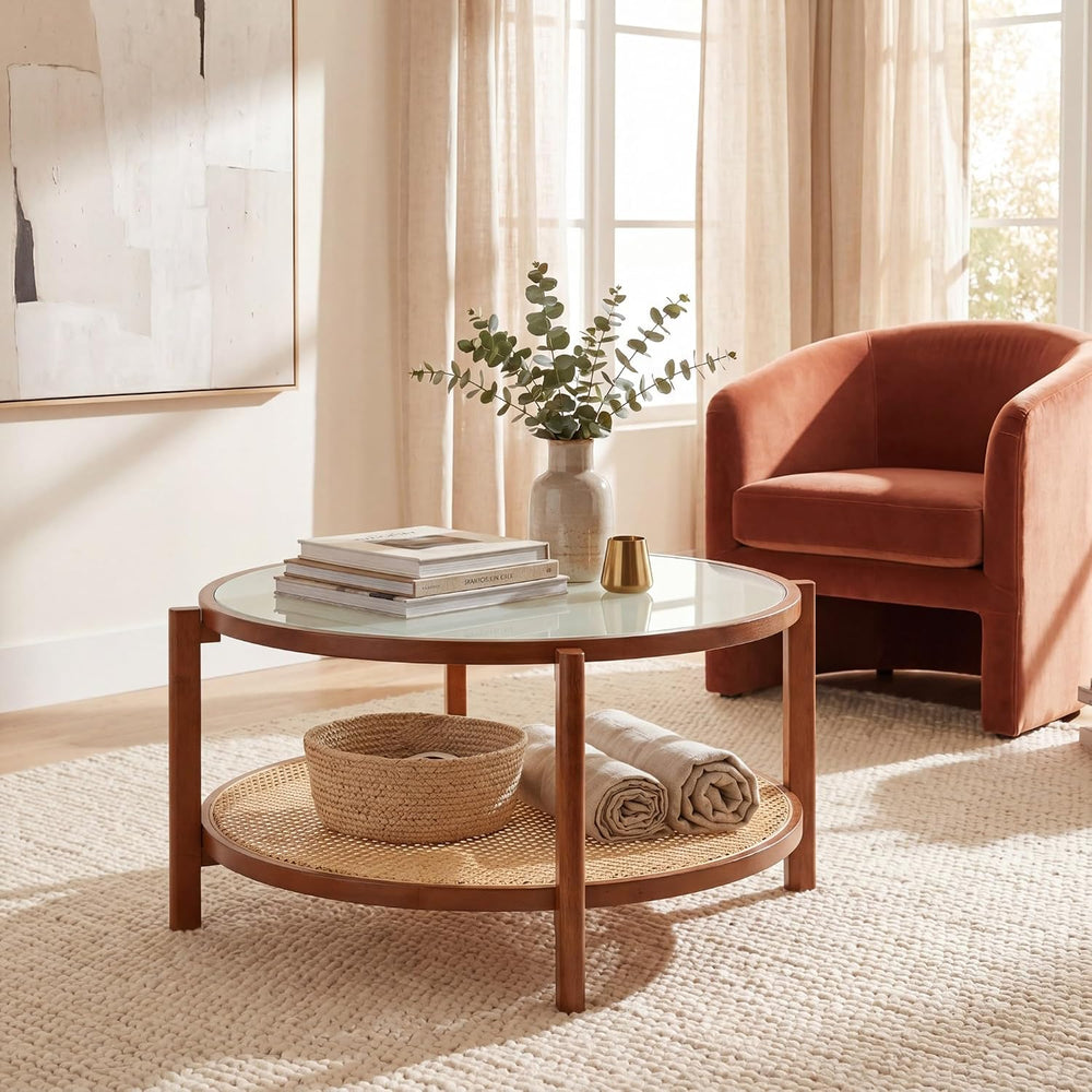 Tangkula 2-Tier Wooden Round Coffee Table, Walnut
