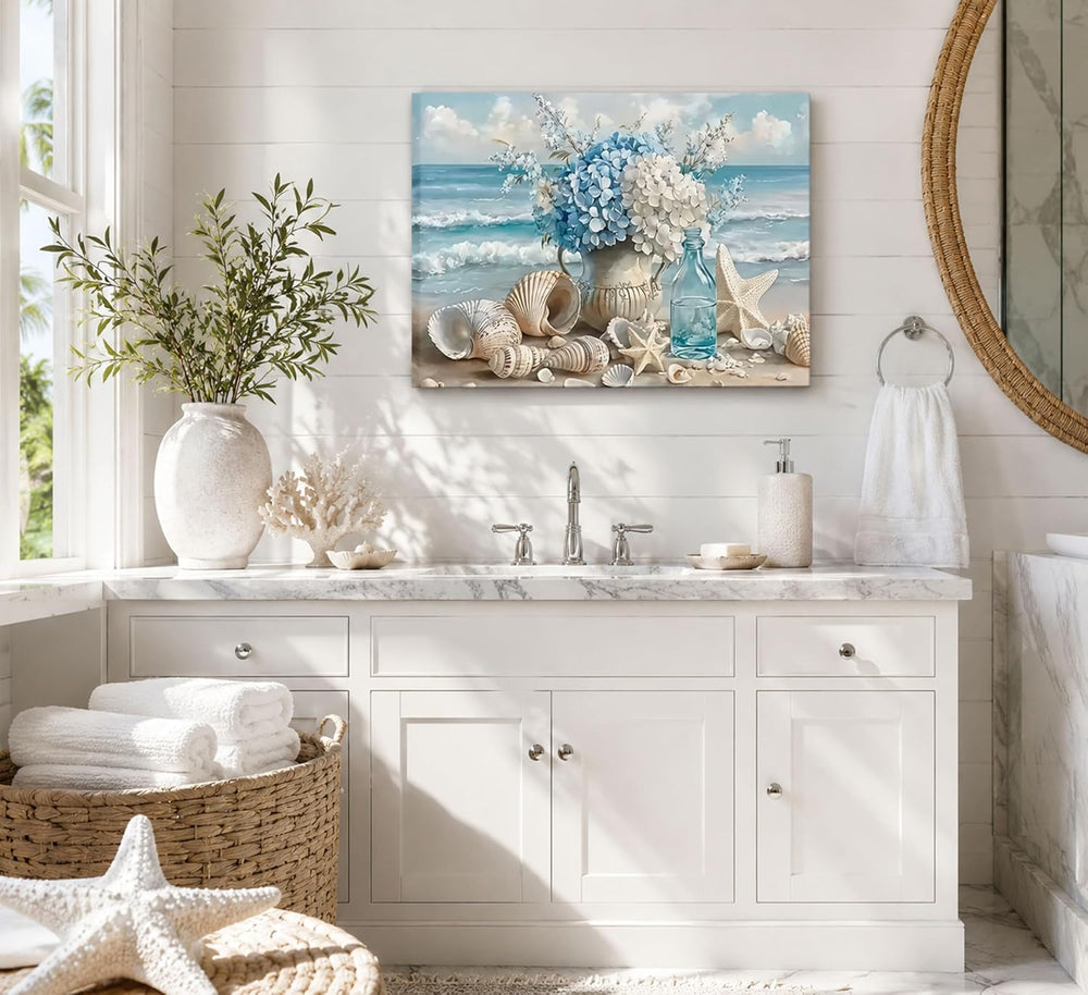 YKVDOROK Blue Ocean Beach Wall Art Coastal Bathroom Canvas Wall Decor