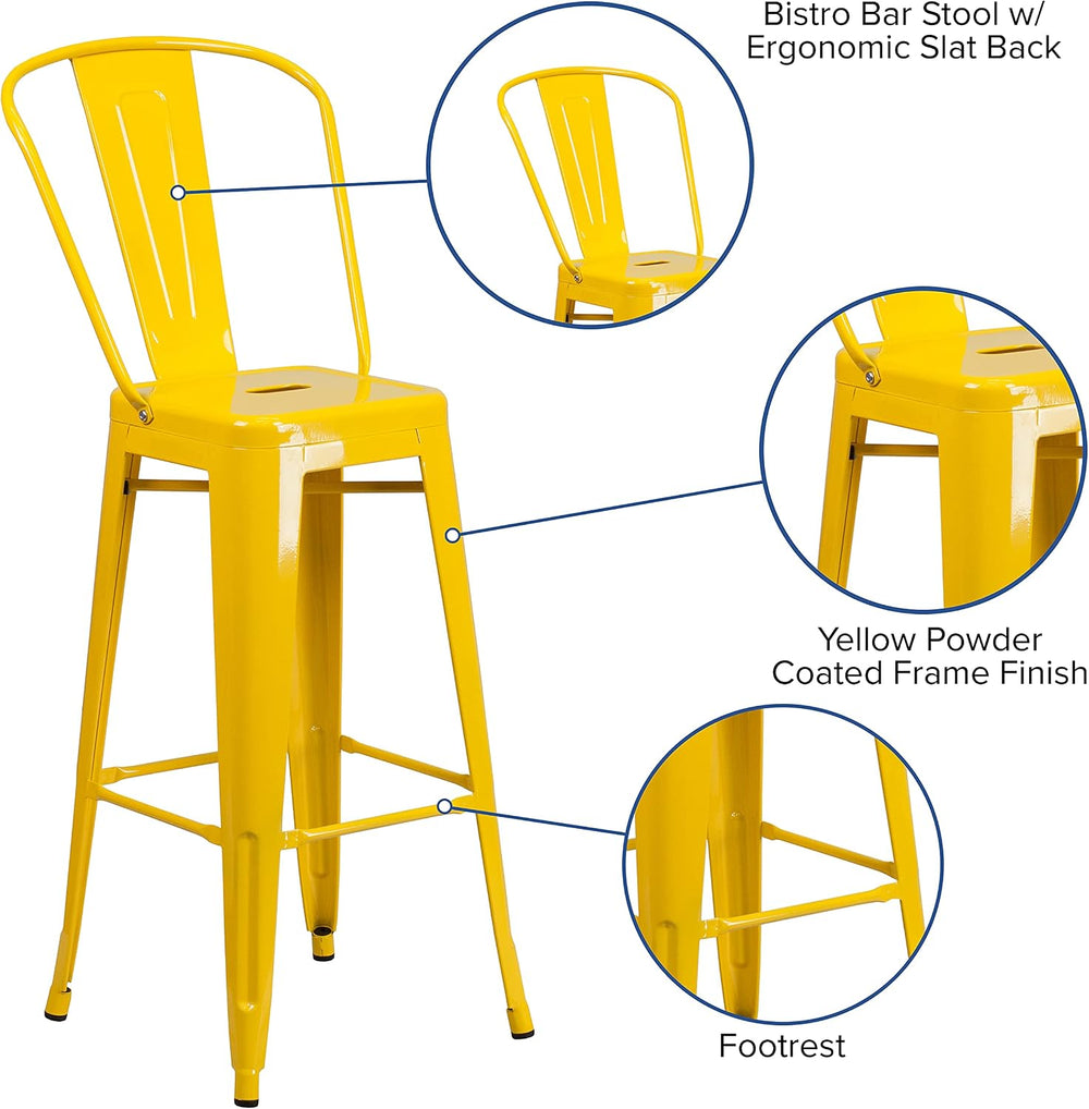 EMMA + OLIVER 30" H Yellow Metal Barstool with Back