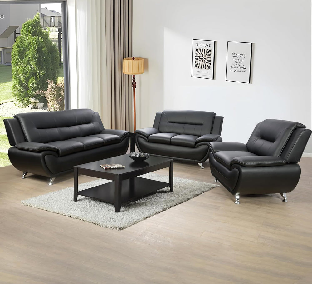3 Pieces Living Room Sofa Set, Faux Leather Sofa Loveseat Armchair Set, Moder...
