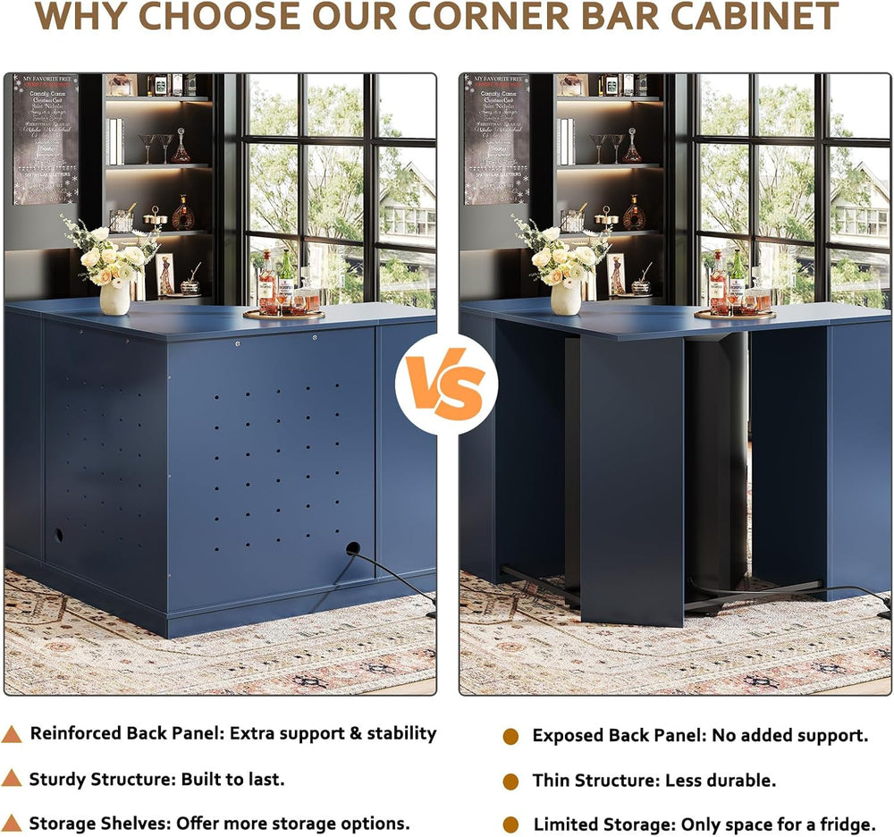 HSH 40" Corner Bar Cabinet with Fridge Space, L Shape Wine Cabinet, Blue