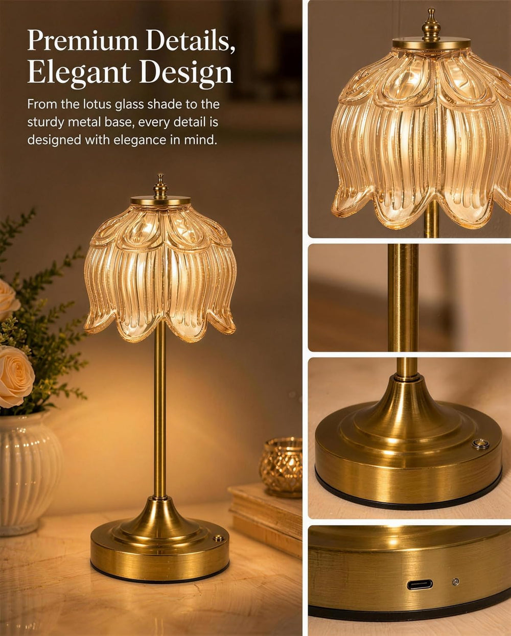 Lotus Flower Cordless Rechargeable Table Lamp, 3 Color Modes, Touch Control