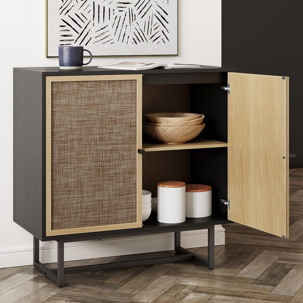 Nathan James Kova Rattan Wood Accent Sideboard Storage Cabinet with Matte Met...