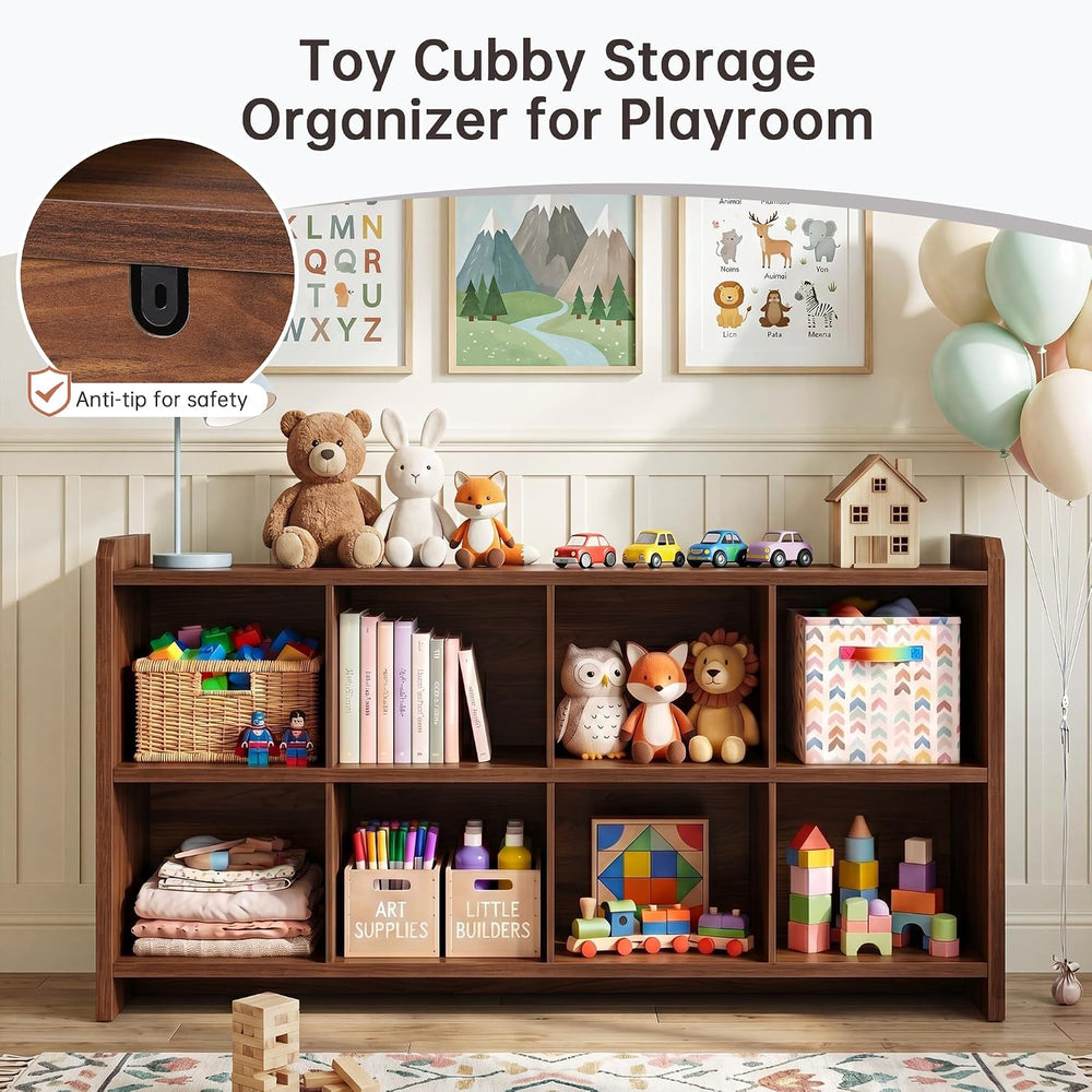8 Cube Low Storage Organizer, 63" Long Horizontal Bookshelf, Walnut