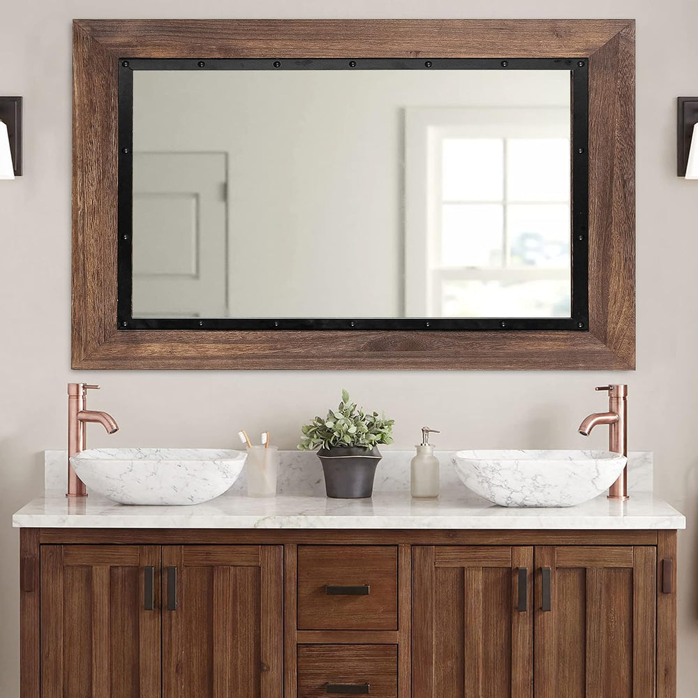 YOSHOOT Rustic Wooden Framed Wall Mirror, 40"x30", Natural Wood and...