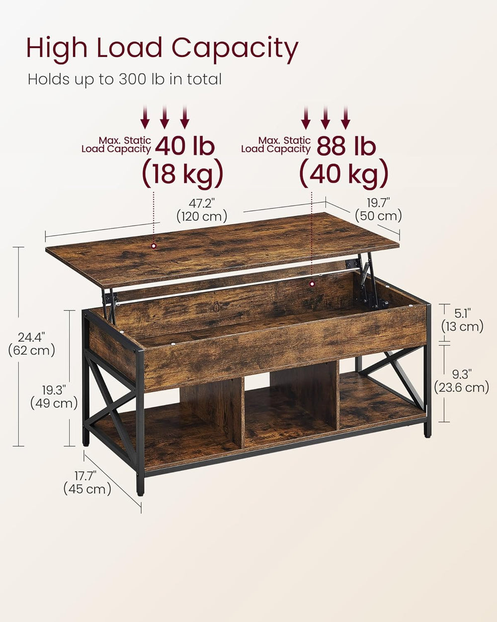 VASAGLE Lift Top Coffee Table with Storage Shelf, 3 Compartments
