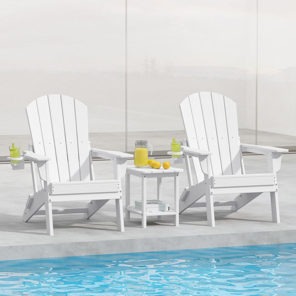 Adirondack Chair Set of 2 with Cup Holders&Table, White