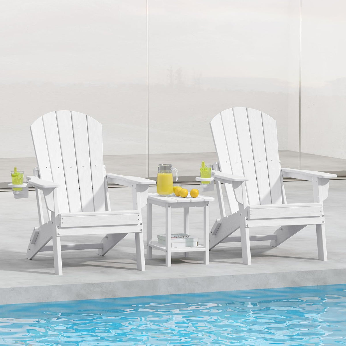 Adirondack Chair Set of 2 with Cup Holders&Table, White
