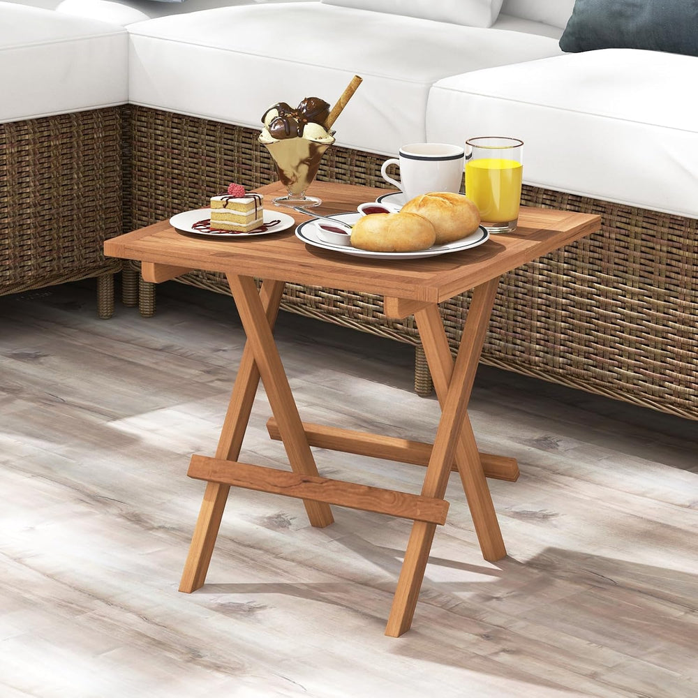 Tangkula Patio Folding Side Table, Teak Wood Square End Table with Slatted Ta...