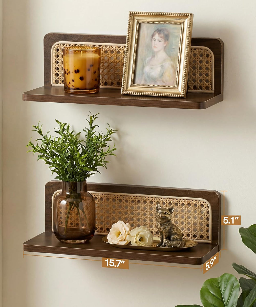 Walnut Rattan Wall Shelf, Mid Century Modern Floating Shelves, MCM