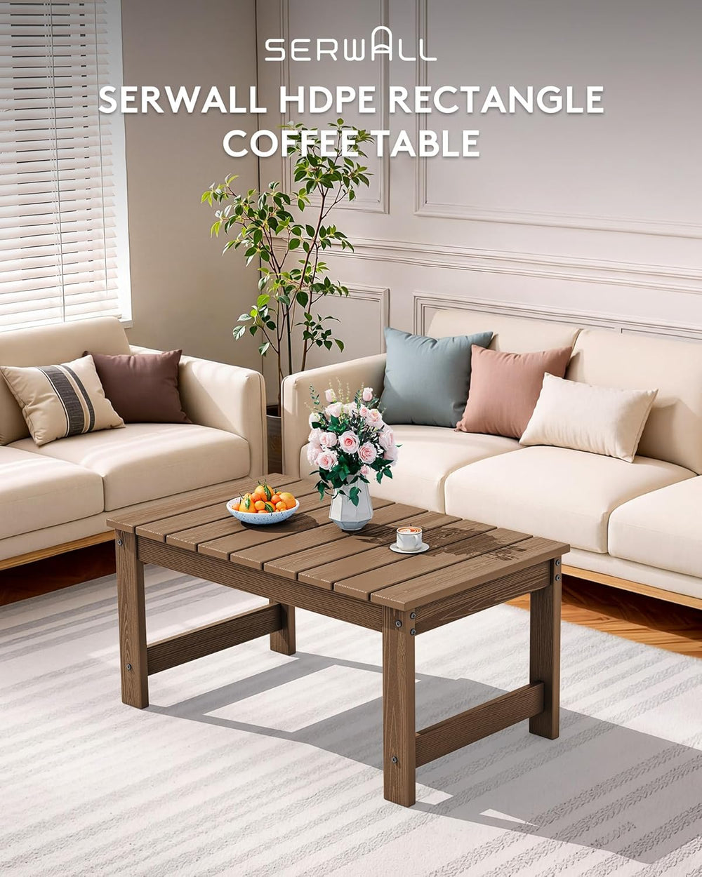 SERWALL HDPE Outdoor Coffee Table with Umbrella Hole, Brown