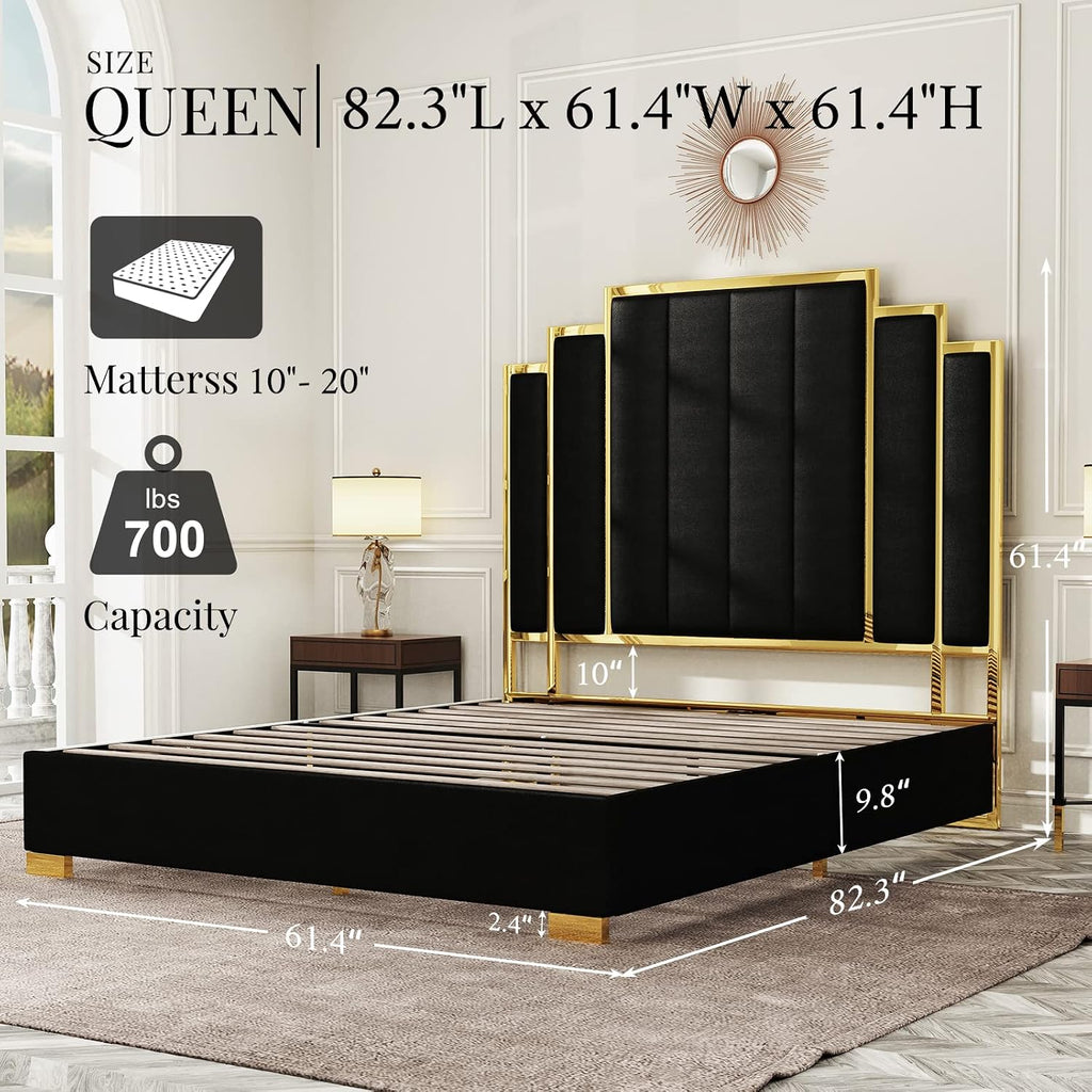 Albott Queen Size Platform Bed Frame, 61.4" Velvet Upholstered Bed with Gold Trim Headboard/Wooden Slats/No Box Spring Needed/Black