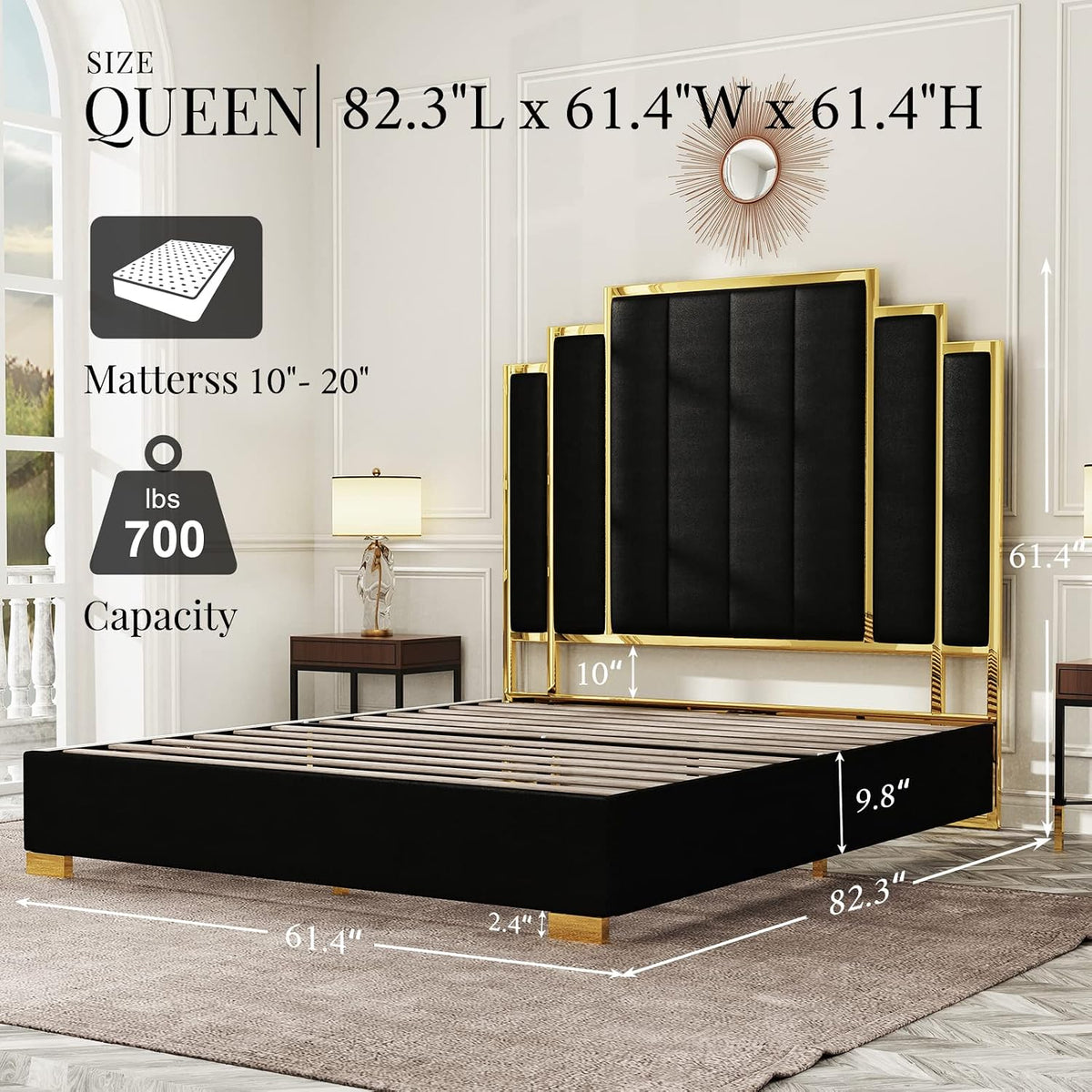 Albott Queen Size Platform Bed Frame, 61.4" Velvet Upholstered Bed with Gold Trim Headboard/Wooden Slats/No Box Spring Needed/Black