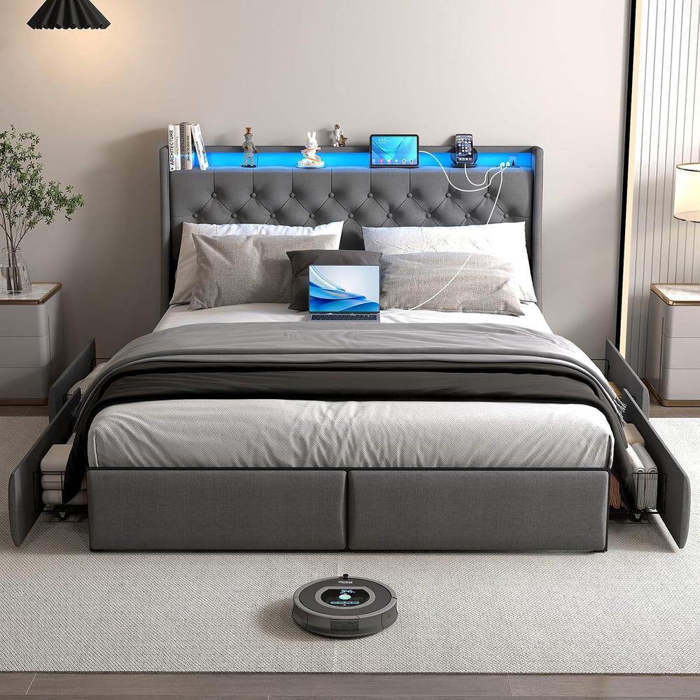 Upholstered Queen Size Bed Frame with 4 Storage Drawers and LED Lights