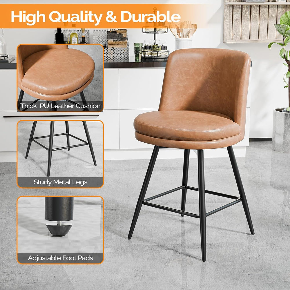 VINGLI 26" H Swivel Barstools Set of 2, PU Faux Leather Upholstered Coun...