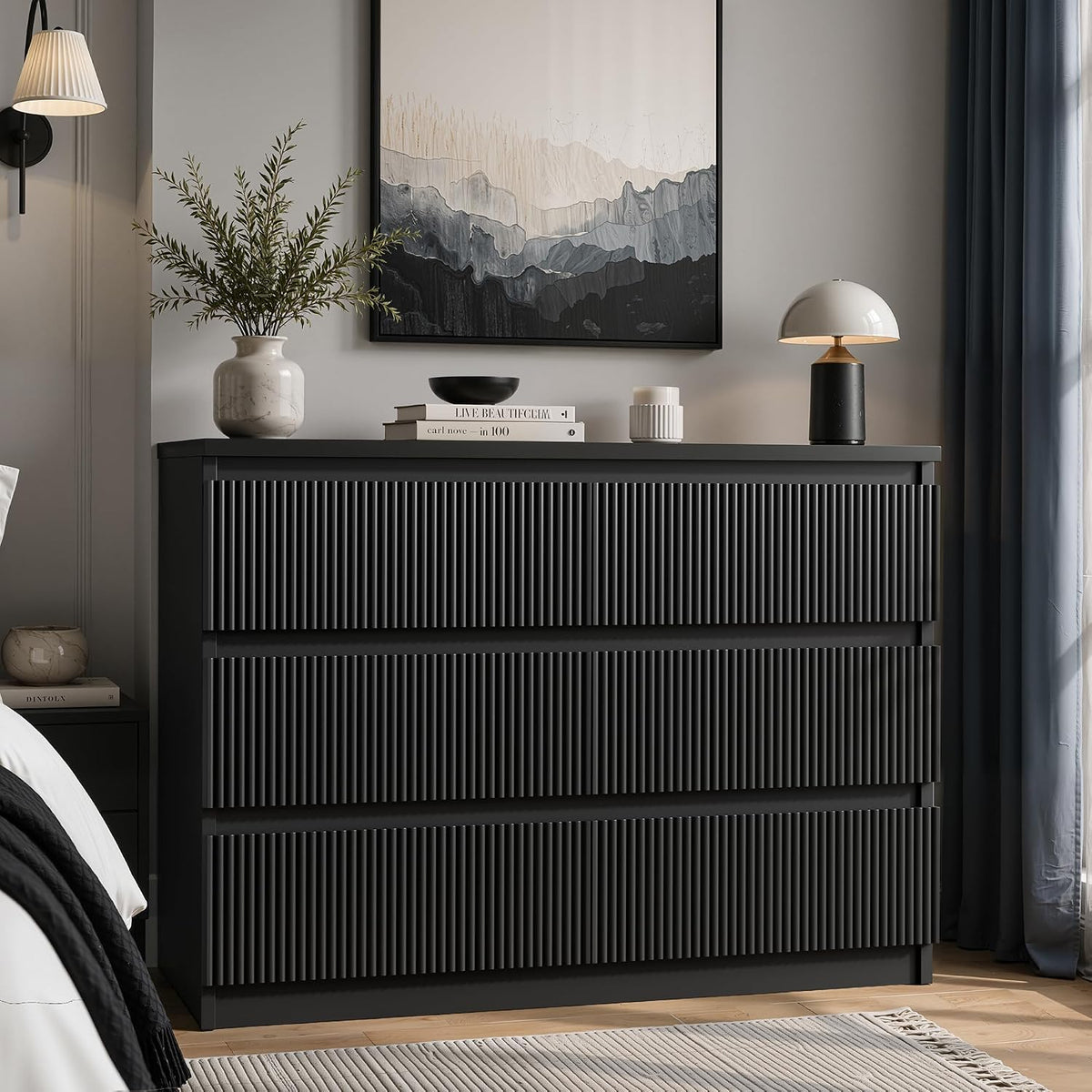 Jocoevol 6 Drawer Fluted Dresser, Modern Chest of Drawers for Bedroom with Hidden Handles, Wood Storage Organizer Cabinet for Living Room & Entryway, Black (15.7" D x 47.3" W x 31.6" H)
