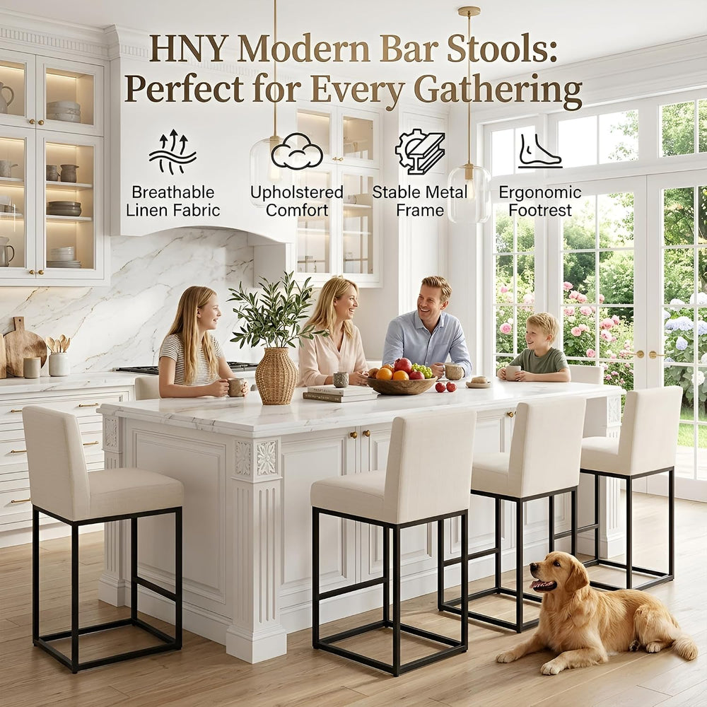 HNY Modern Counter Height Bar Stools Set of 3, 27 Inch Cream Linen Barstool