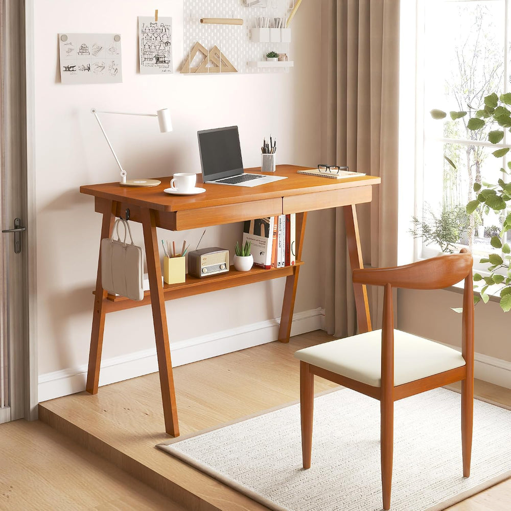 Solid Wood Desk with Drawers - 39.4 Inch Mid Century Modern Desks with Storag...