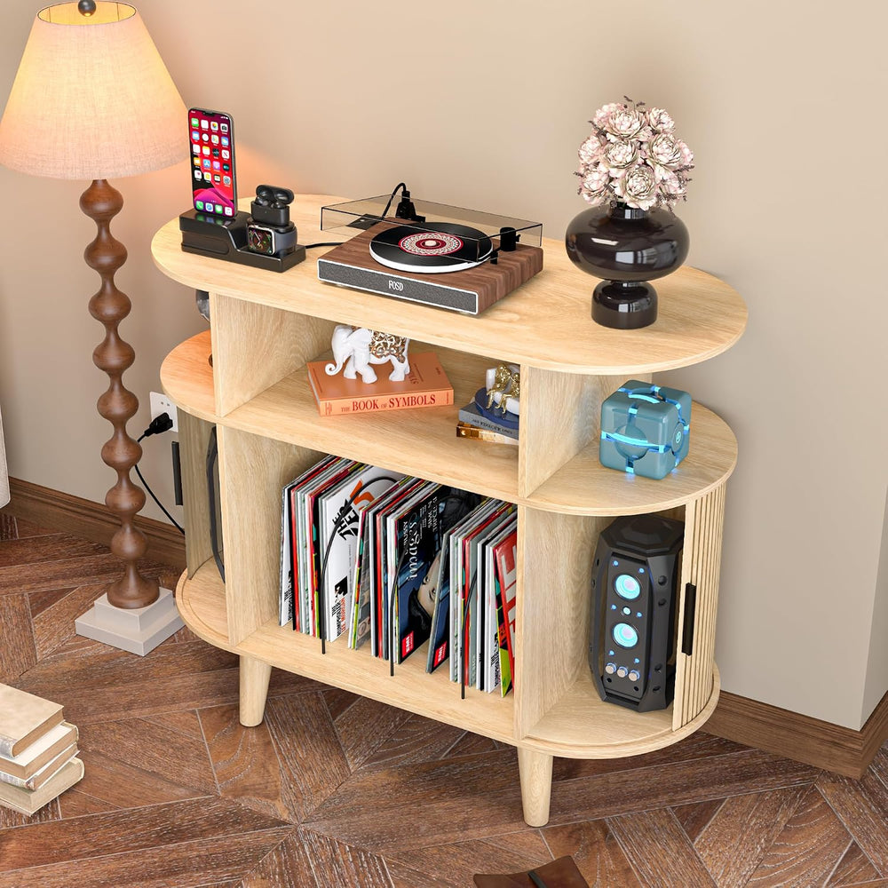 LUVIOHOME Large Round Record Player Stand with Charging Station & USB Ports