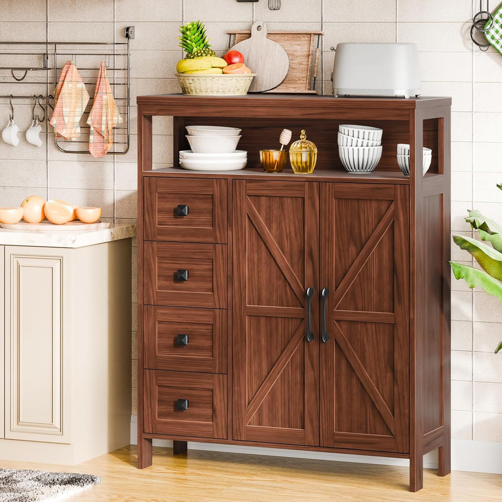 Befrases Farmhouse Storage Cabinet with 2 Doors and 4 Drawers, Walnut