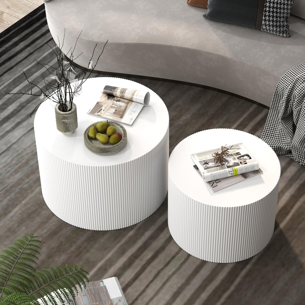 Nesting Coffee Table Set of 2, Round Wood Accent Table, White