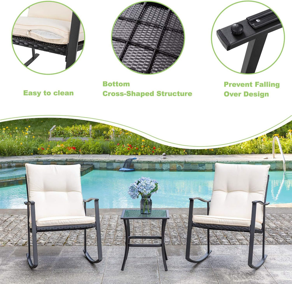 Vongrasig 3 Piece Outdoor Rocking Chair Set, PE Wicker Rattan Small Bistro Se...
