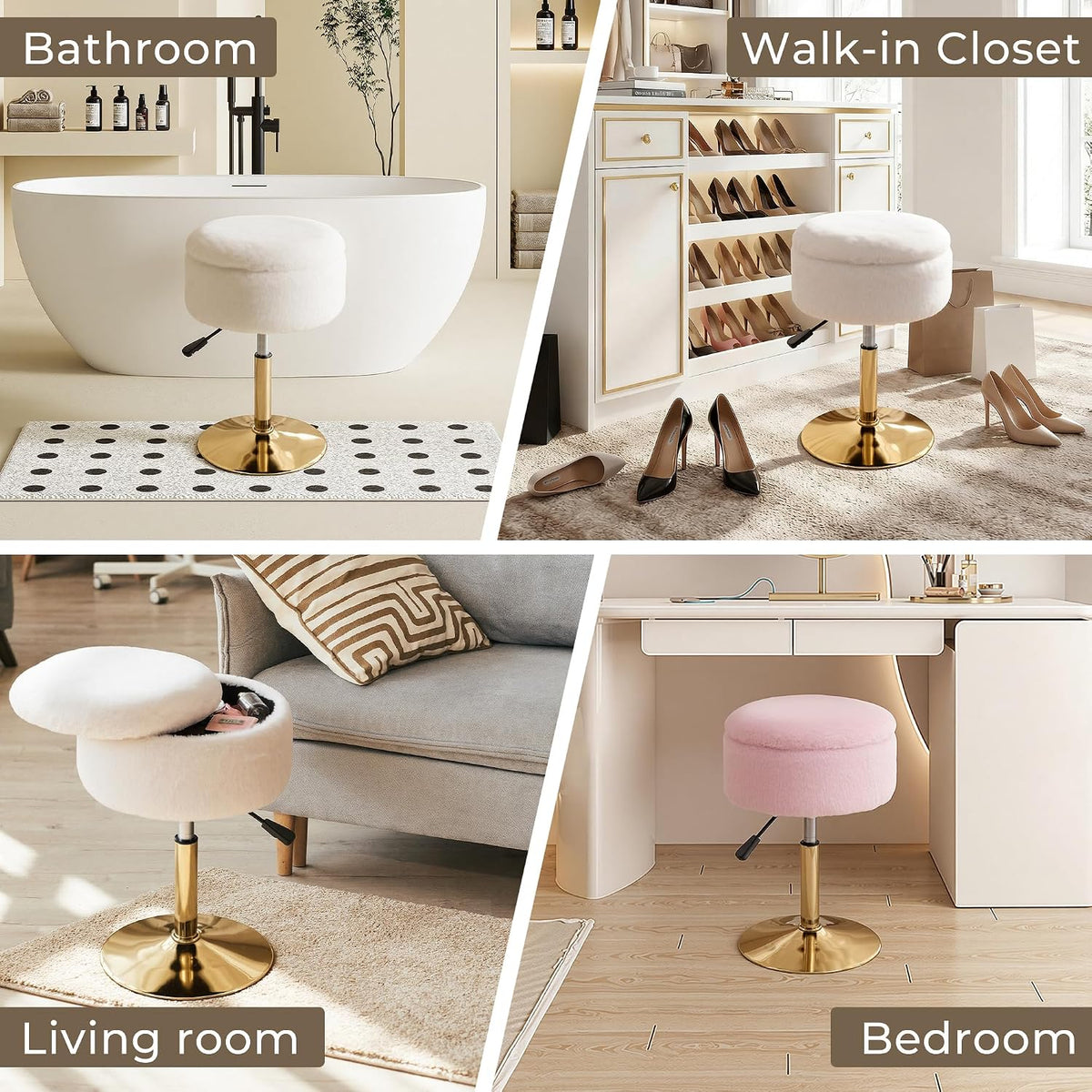 Vanity Chair with Storage Adjustable Stool for Vanity Swivel Vanity Stool Ottoman Gold Base Pale Green