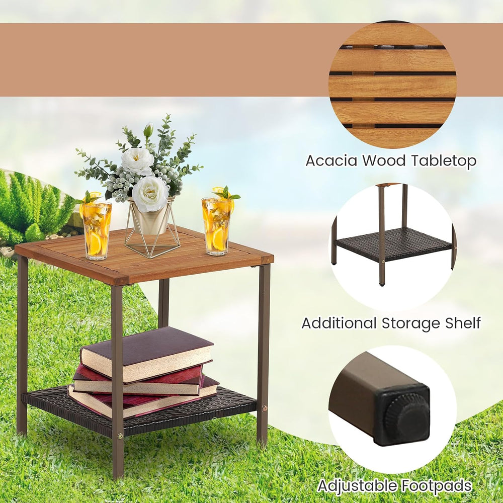 COSTWAY 3 Pieces Patio Rocking Bistro Set, Outdoor Wicker Acacia Wood Sets
