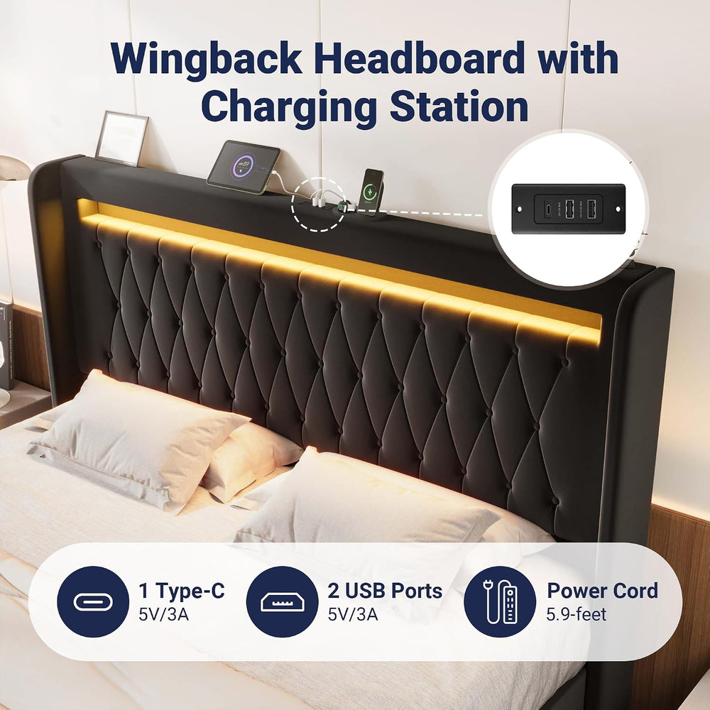 Allewie King Size Upholstered Bed Frame with LED & Charging Station, Black