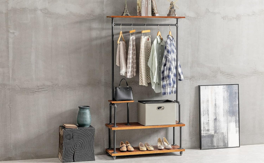 Industrial Pipe Clothing Rack, Rolling Clothes Rack, Wood Garment Rack