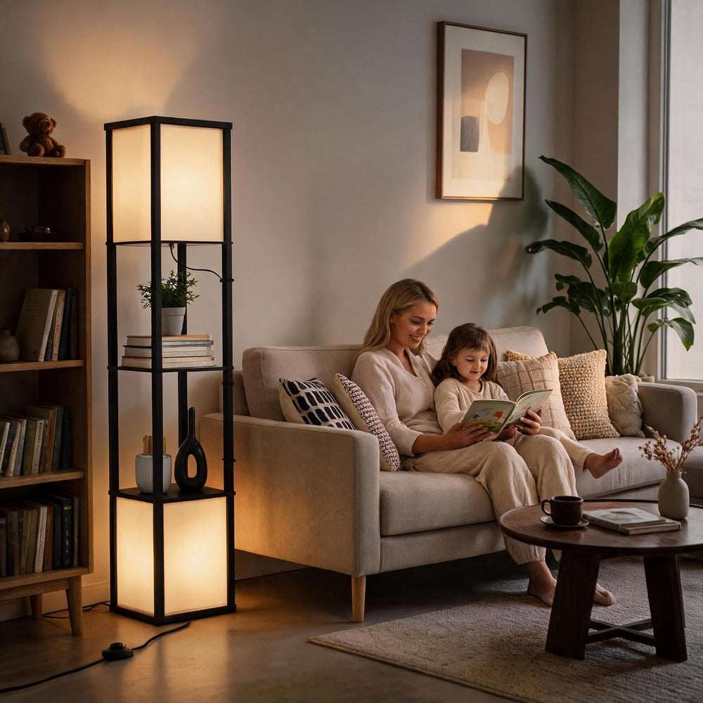Dual Head Floor Lamp with Shelves, Dimmable, Remote, for Living Room