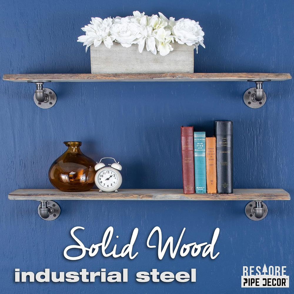 PIPE DECOR 36” Riverstone Grey Live Edge Wood Shelf with Industrial L-Shaped ...