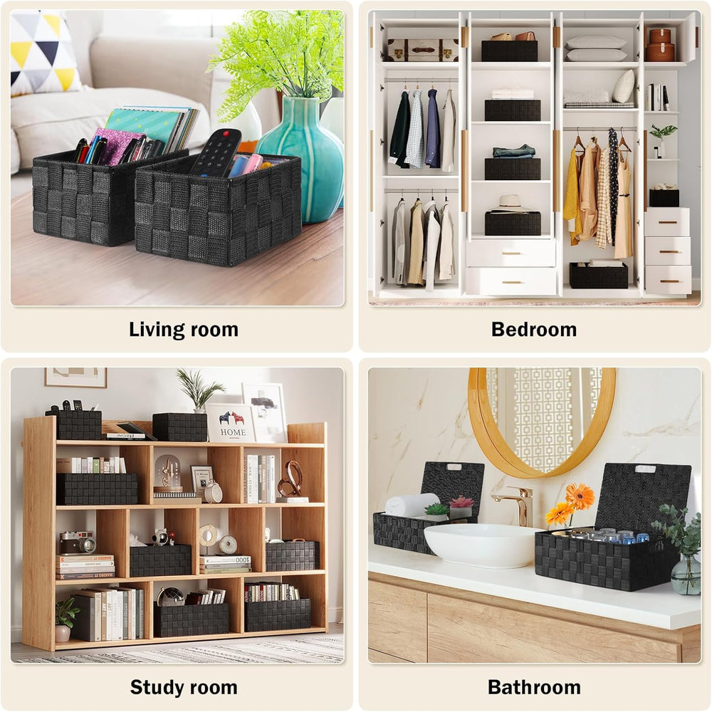 Storage Baskets with Lids: 5 Pack Stackable Woven Storage Bins, Black