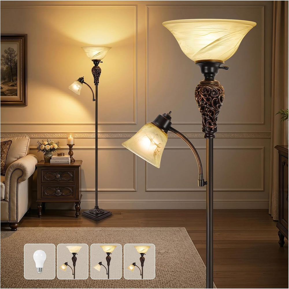 Vintage Torchiere Floor Lamp with Adjustable Reading Light, 72" Tall, Brown