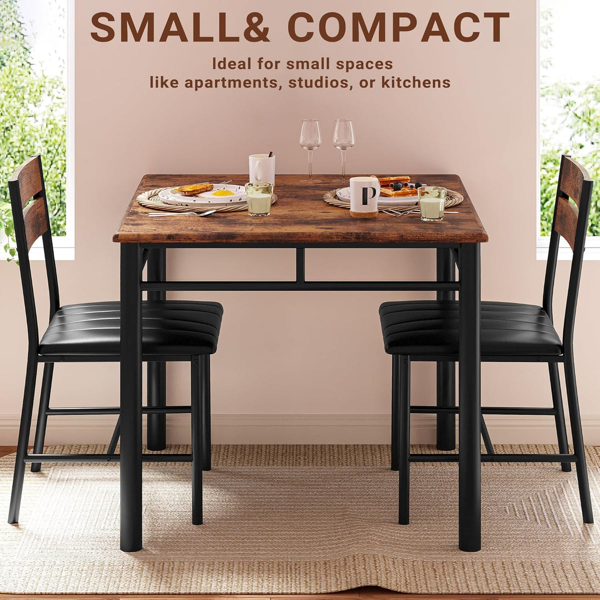 IRONCK Dining Table Set for 2, Rustic Brown | Small Kitchen Table with Upholstered Chairs, Compact Dining Set for Small Spaces, Kitchen & Dining Room
