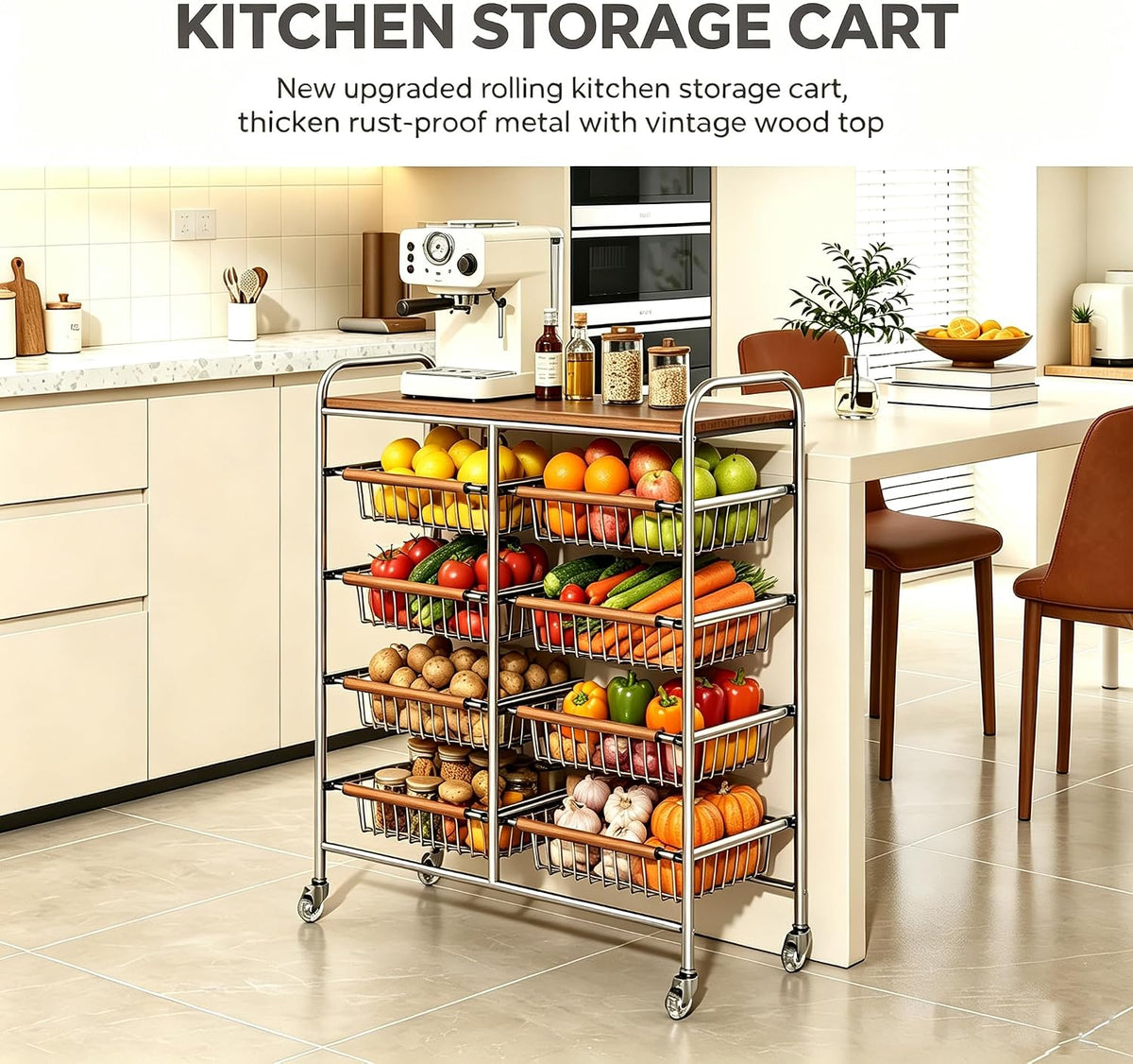 10-Tier Rolling Kitchen Storage Cart, Heavy Duty Wire Pantry Rack | Rust-proof carbon steel, pull-out drawers for fruit/veg, lockable wheels, space-saving kitchen/laundry/bath organizer