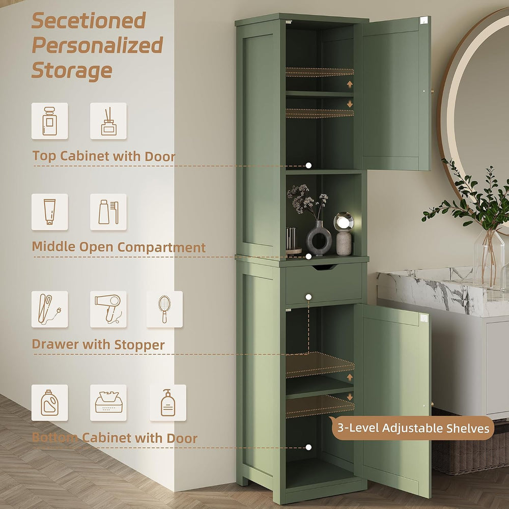 Shintenchi Tall Bathroom Storage Cabinet, Narrow Slim Cabinet, Green