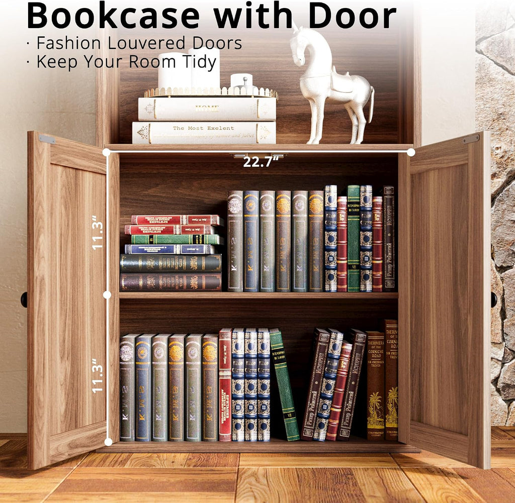 ironck tall bookshelf 70 in, bookcases with doors showing dimensions