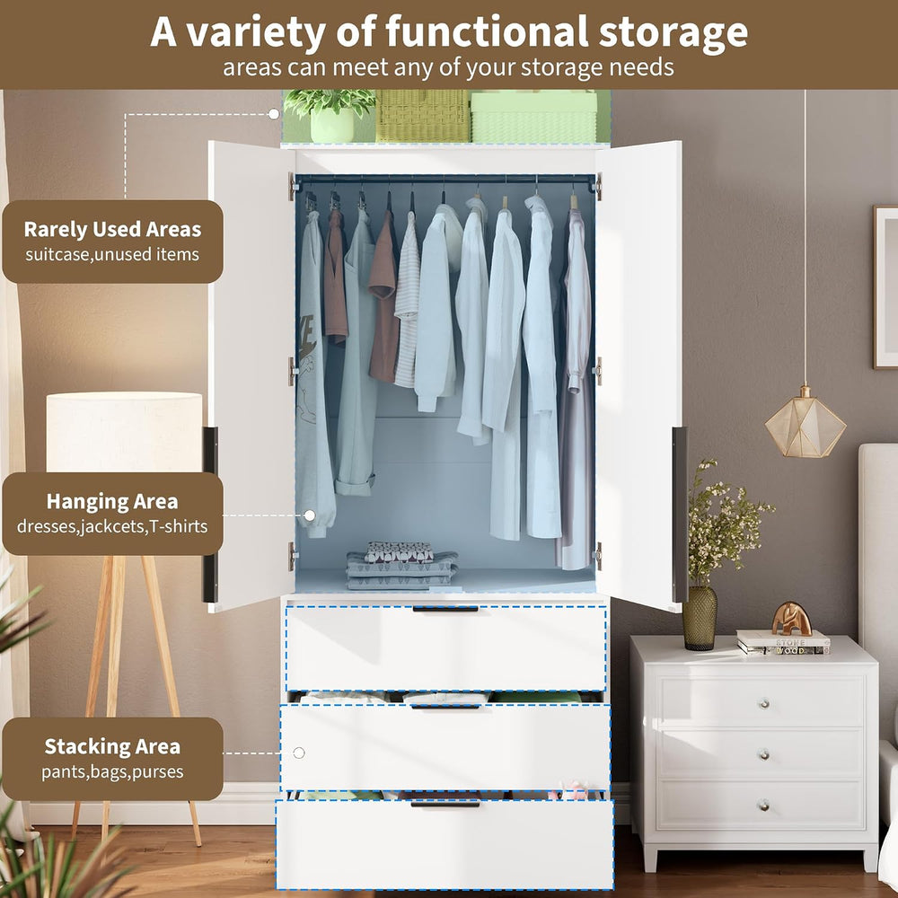 GarveeHome 70" Wardrobe Armoire Wooden Closet with 3 Drawers, White