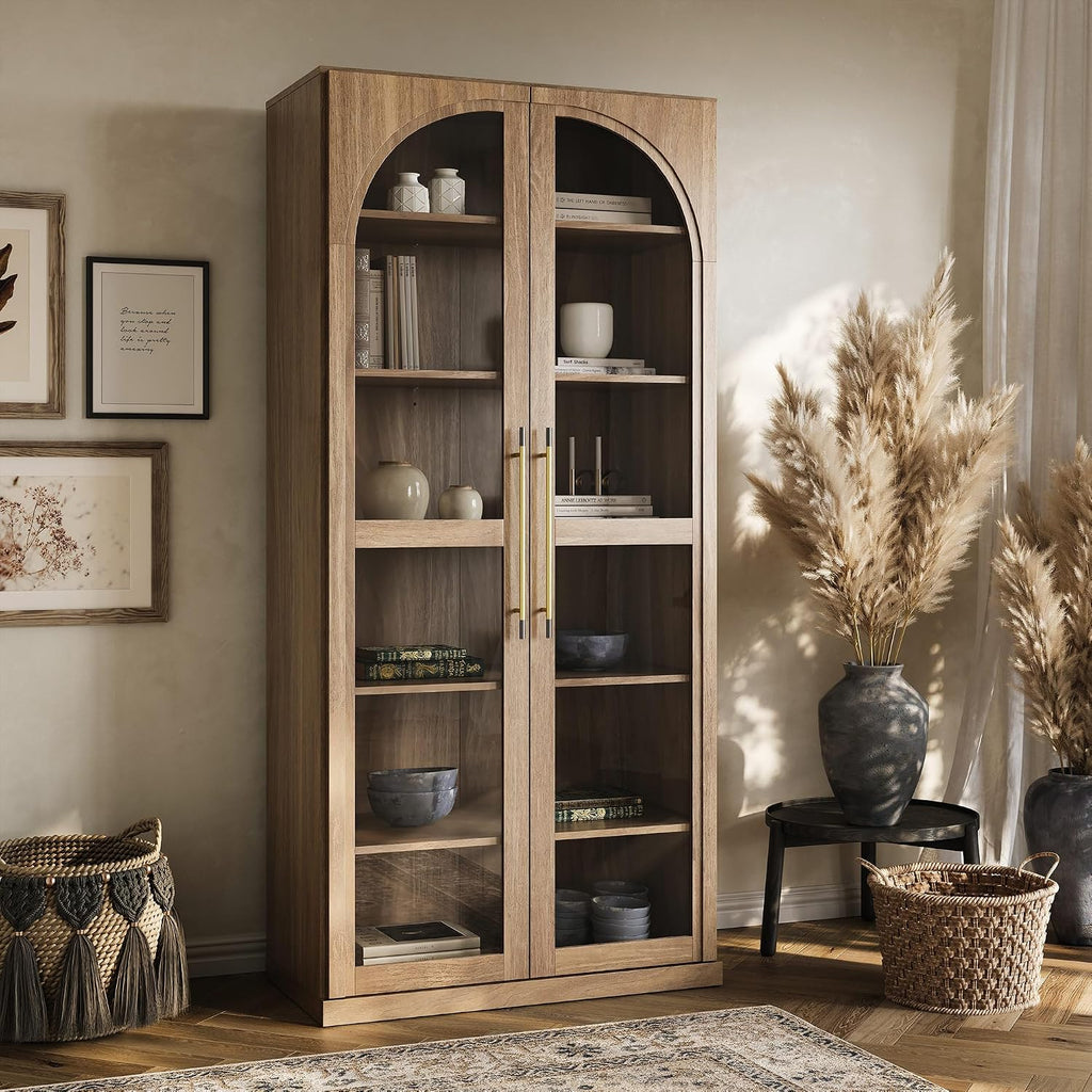 BELLEZE Modern Wood Wine Curio Cabinets with 4 Adjustable Shelves, 67" Storage Cabinet, 6 Shelf Glass Bookshelf Display Cabinet, Trophy Display Case for Living Room, Wine, Camel